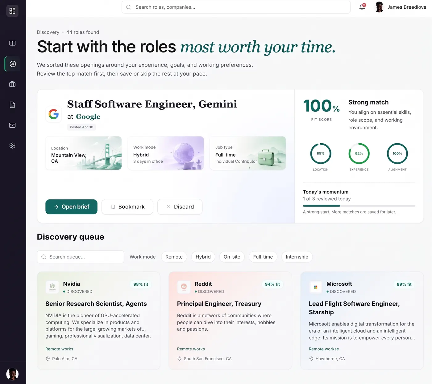 Discovery dashboard with a strong match role and ranked job queue