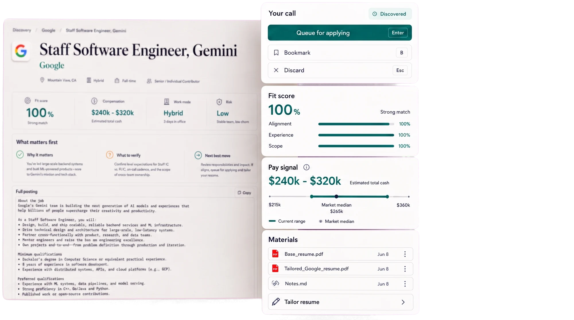 Role brief showing fit score, actions, materials, and company intelligence